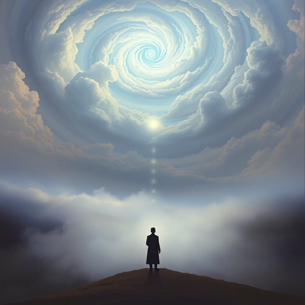 Hopeful Figure Reaches for Celestial Sky in Surreal Dreamsca...