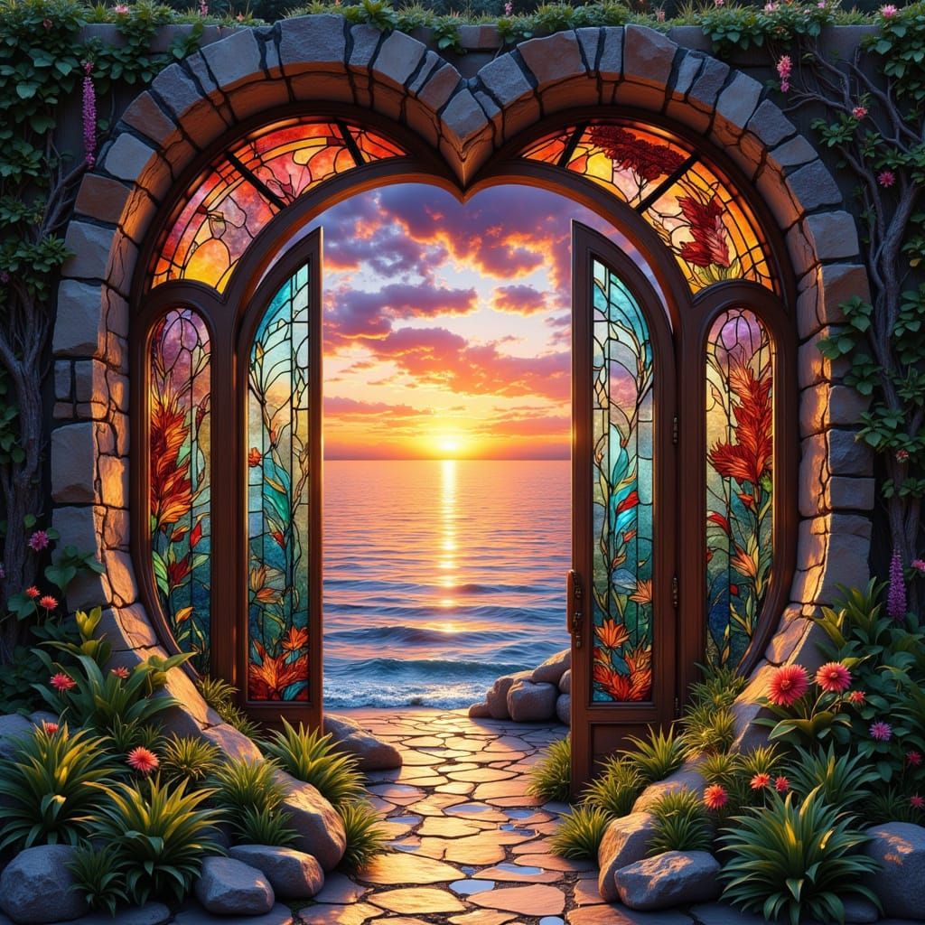 Heart Archway at Pacific Sunset in Impressionist Style