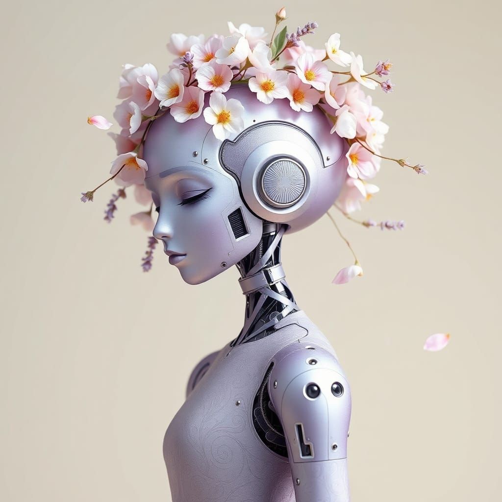 Elegant Robot Girl Adorned with Whimsical Floral Patterns