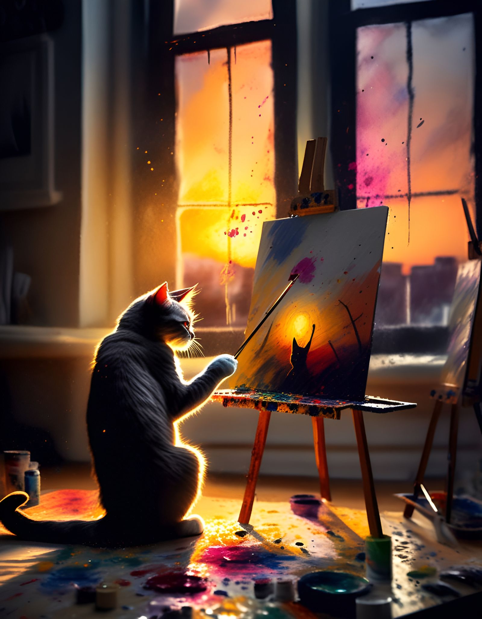 Anthropomorphic Cat Artist Painting a Masterpiece
