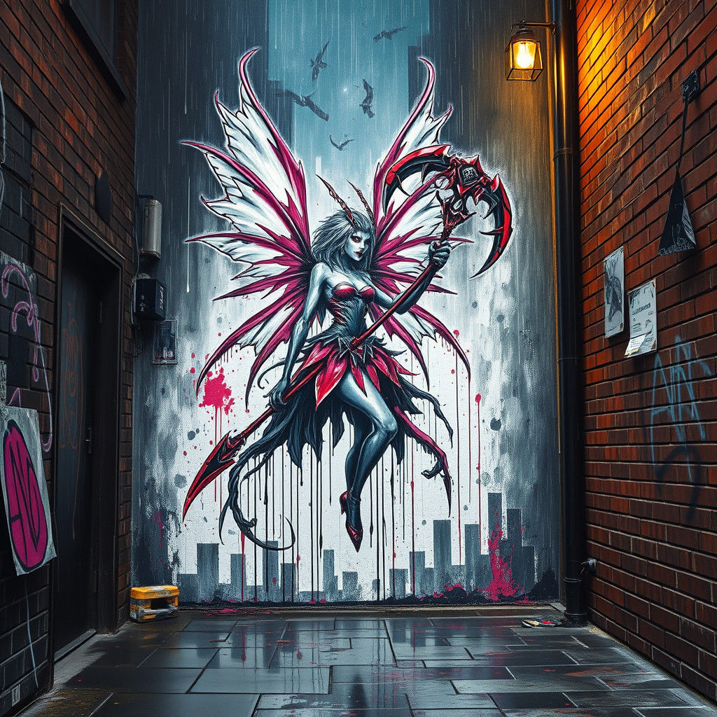 Graffiti Art: Evil Fairy Warrior in Rainy Alley