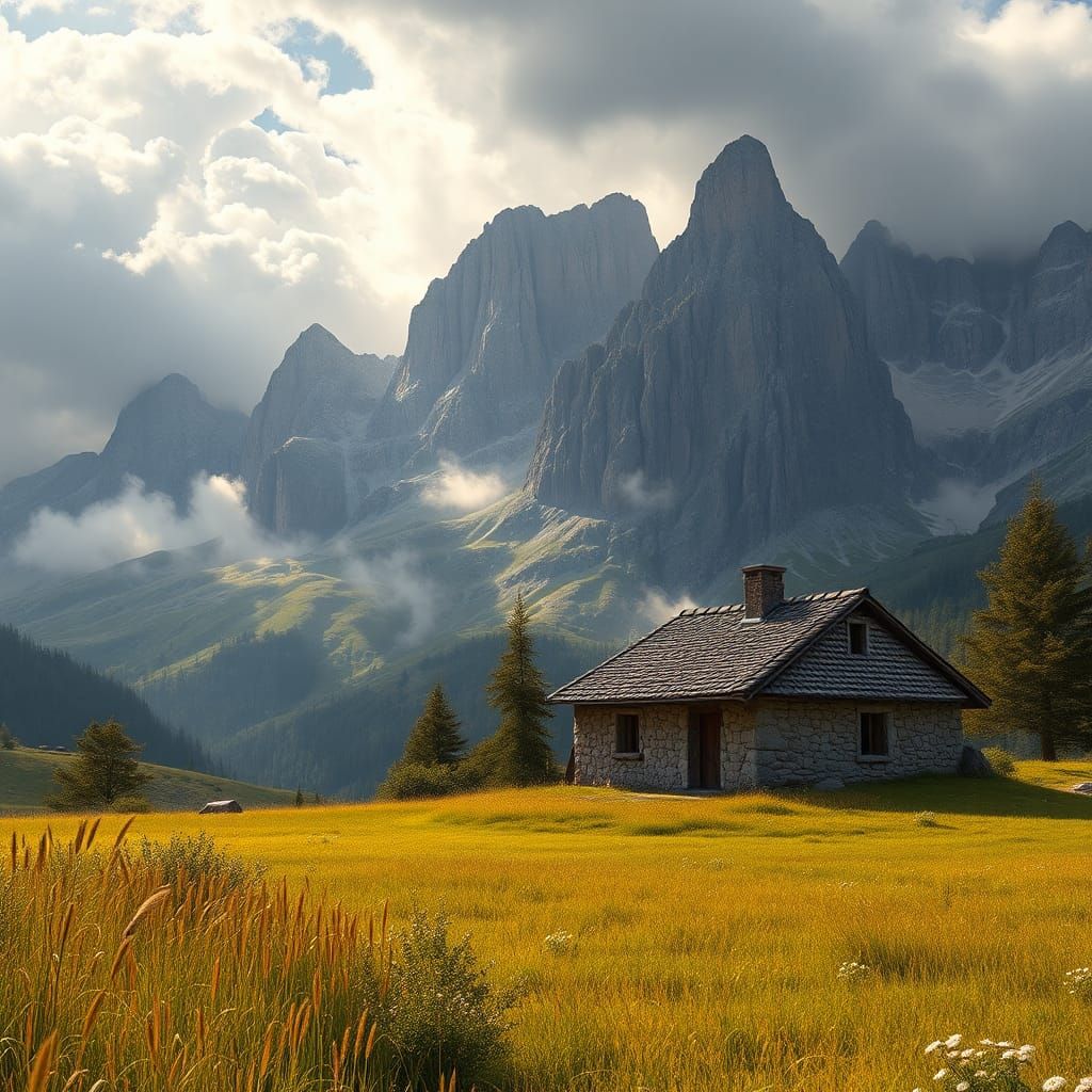 Italian Homestead in Alps, Fine Art Digital Illustration