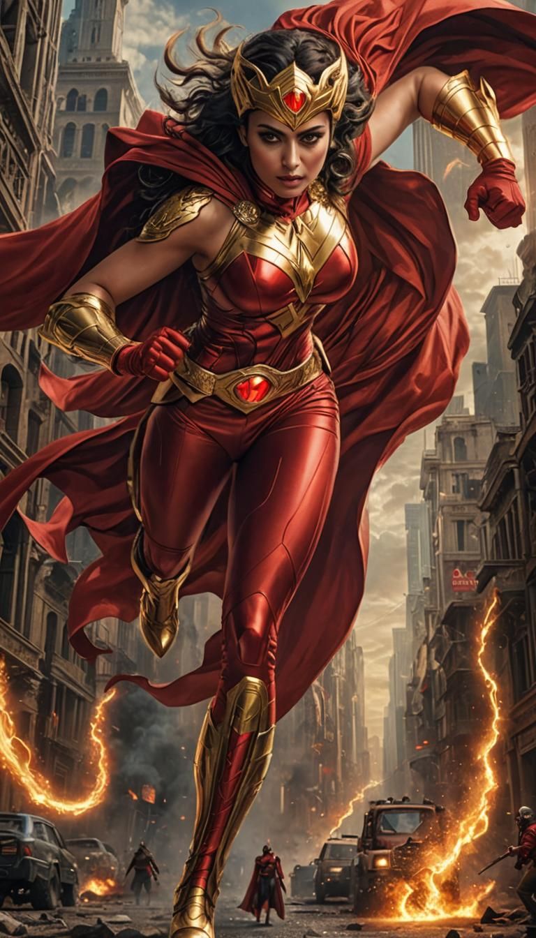 Superheroine in Red and Gold Attire: Digital Matte Painting