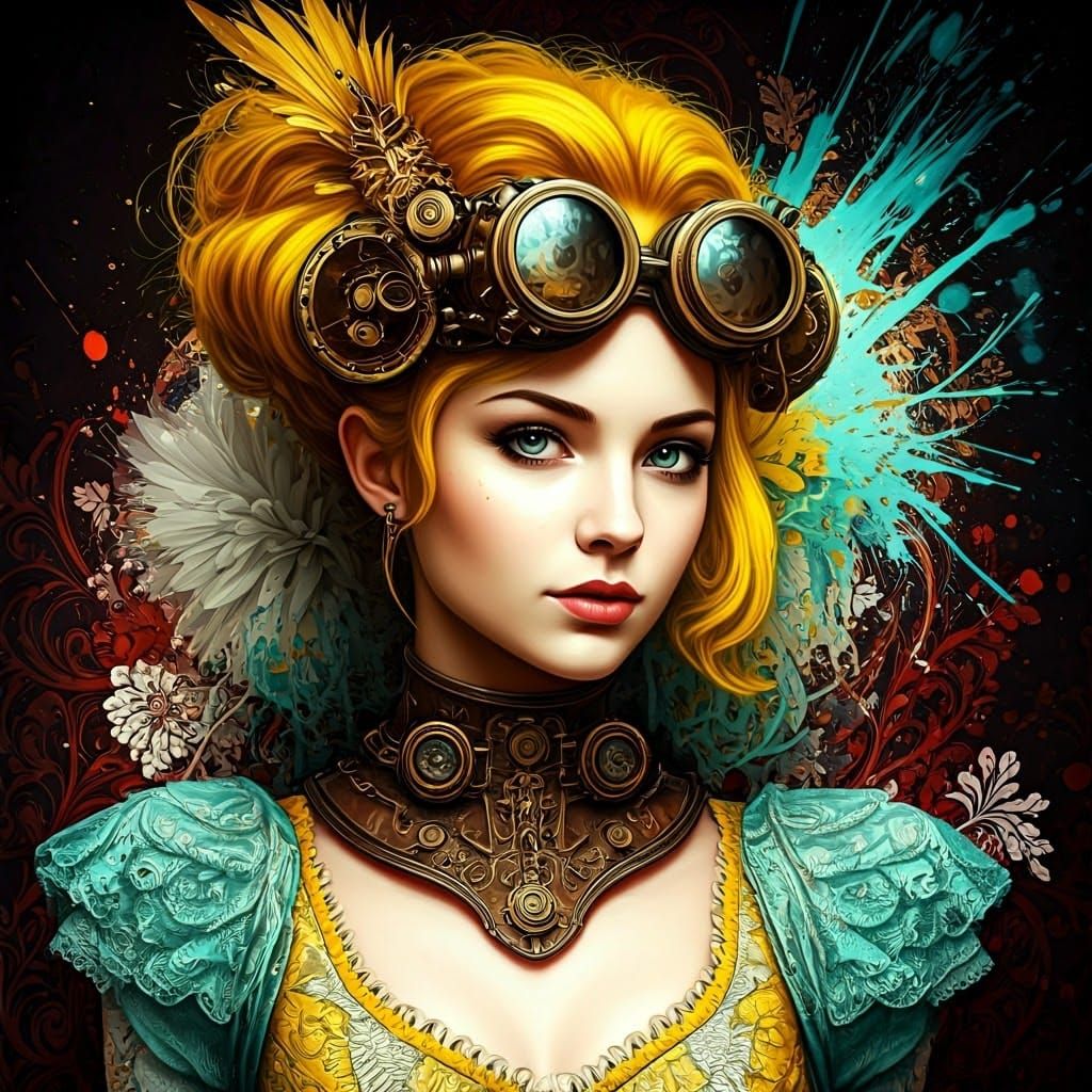 Steampunk Woman in Vibrant, Dark Fantasy Style