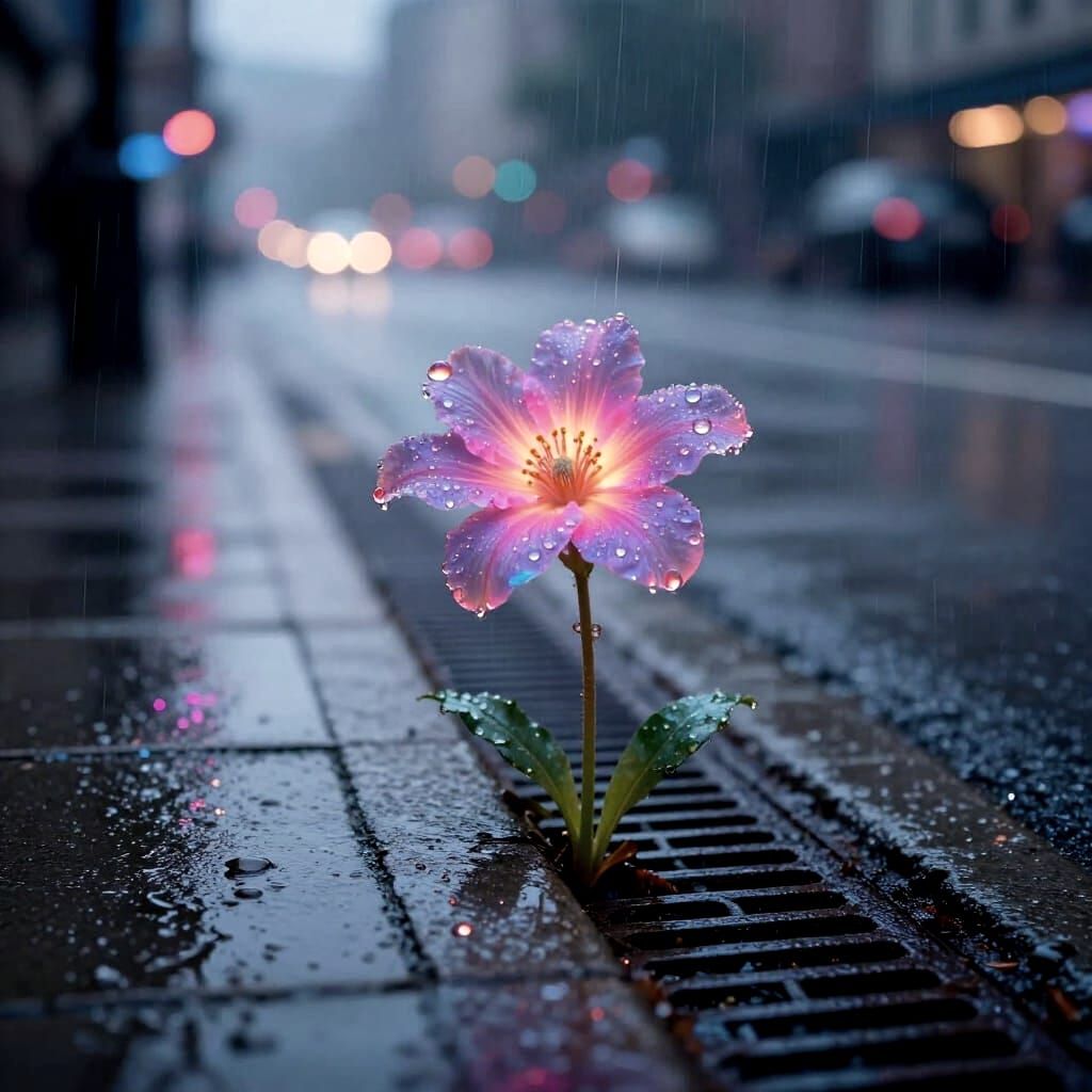 Neon Flower Blooms in Urban Rain