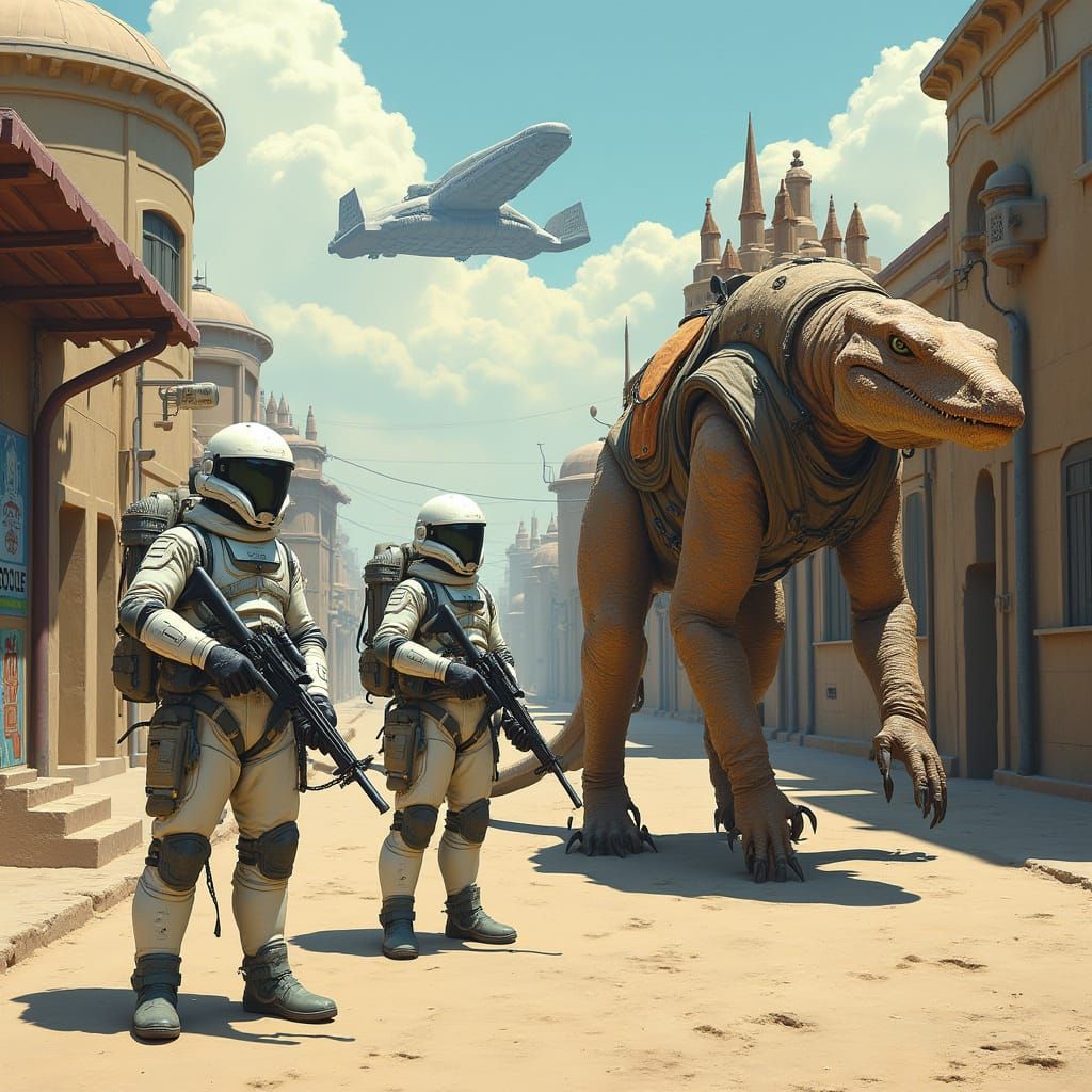 Humans in Futuristic Environmental Suits Stand Near Reptilia...