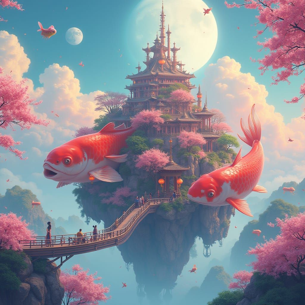 Floating City on Koi in Ghibli Cyberpunk Style