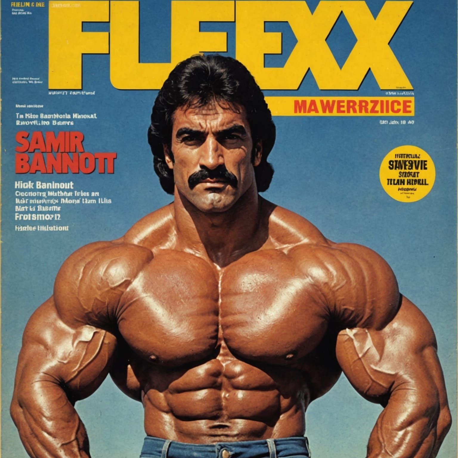 Flex Magazine, March, 1984; Bodybuilding Magazine; Samir Bannout, vintage look, used effect on the side of the (Cover) a...