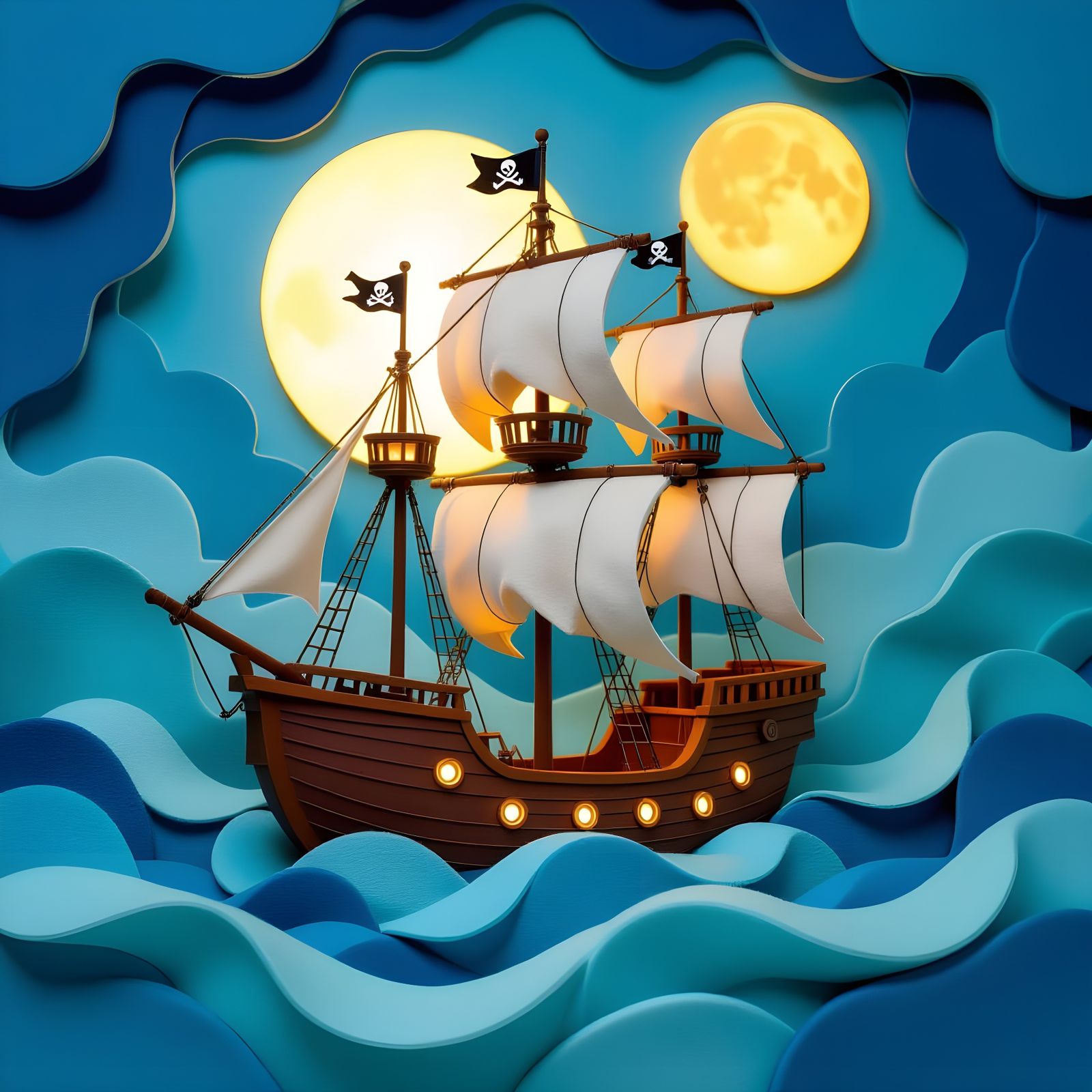Felt Pirate Ship on Glowing Seas