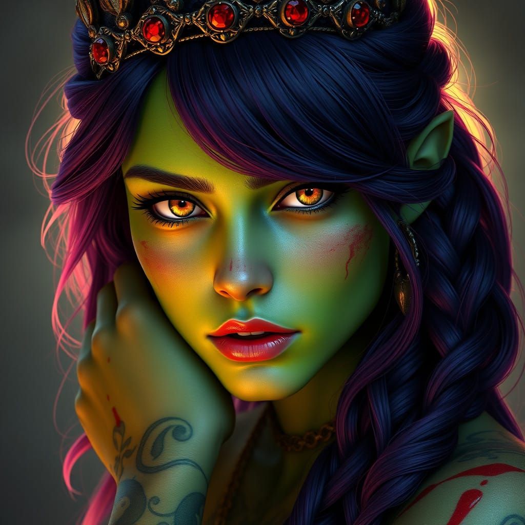 Elegant Half Orc Maiden with Regal Tiara and Braided Locks