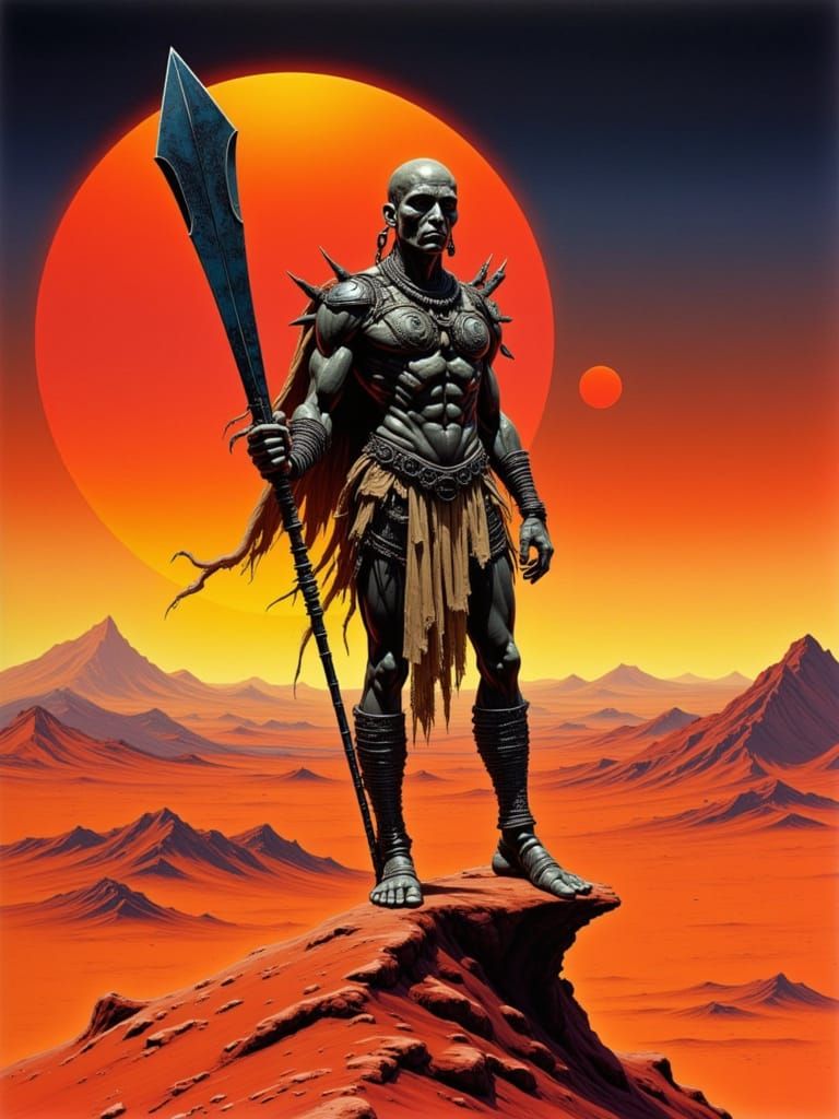 Muscular Gladiator on Crimson Dune in Dark Fantasy Style