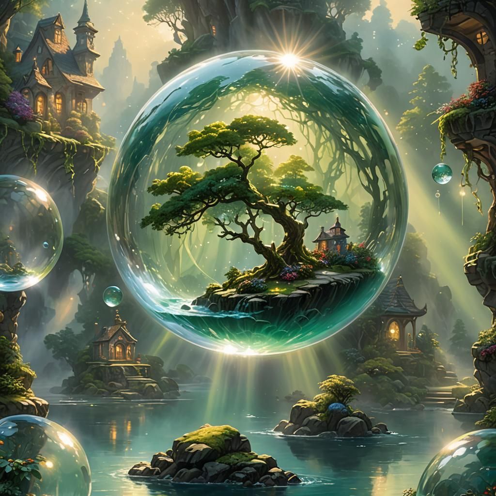 Ethereal Jade Stone Floating in Water Bubble