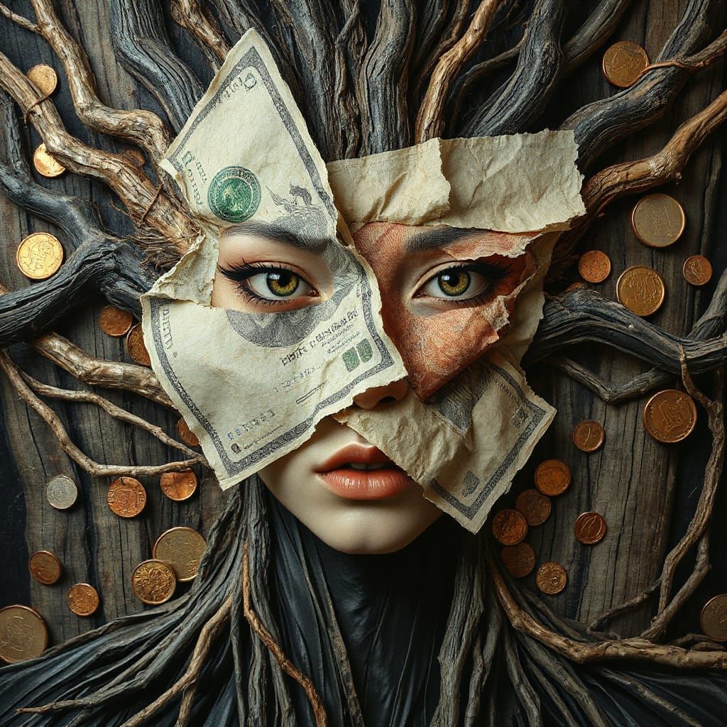 Woodpunk Portrait With Money Collage Sculpture