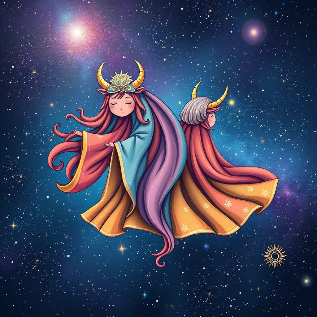 Whimsical Zodiac Symbols in Cosmic Galaxy with Glitter