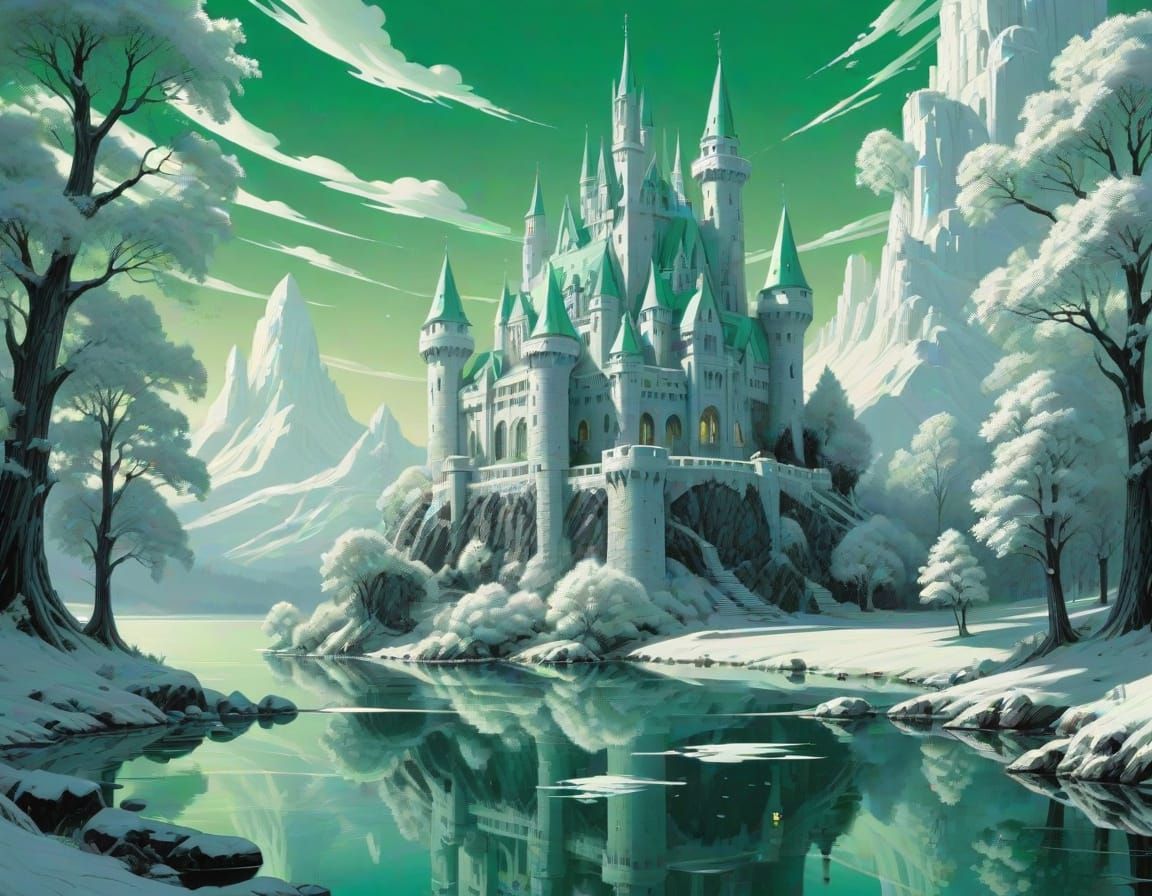 Surreal White Castle in a Dreamlike Landscape
