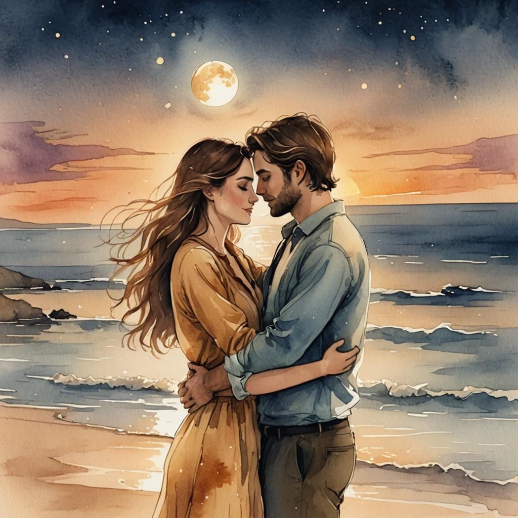 Romantic Couple Embrace: Watercolor-Style Digital Art