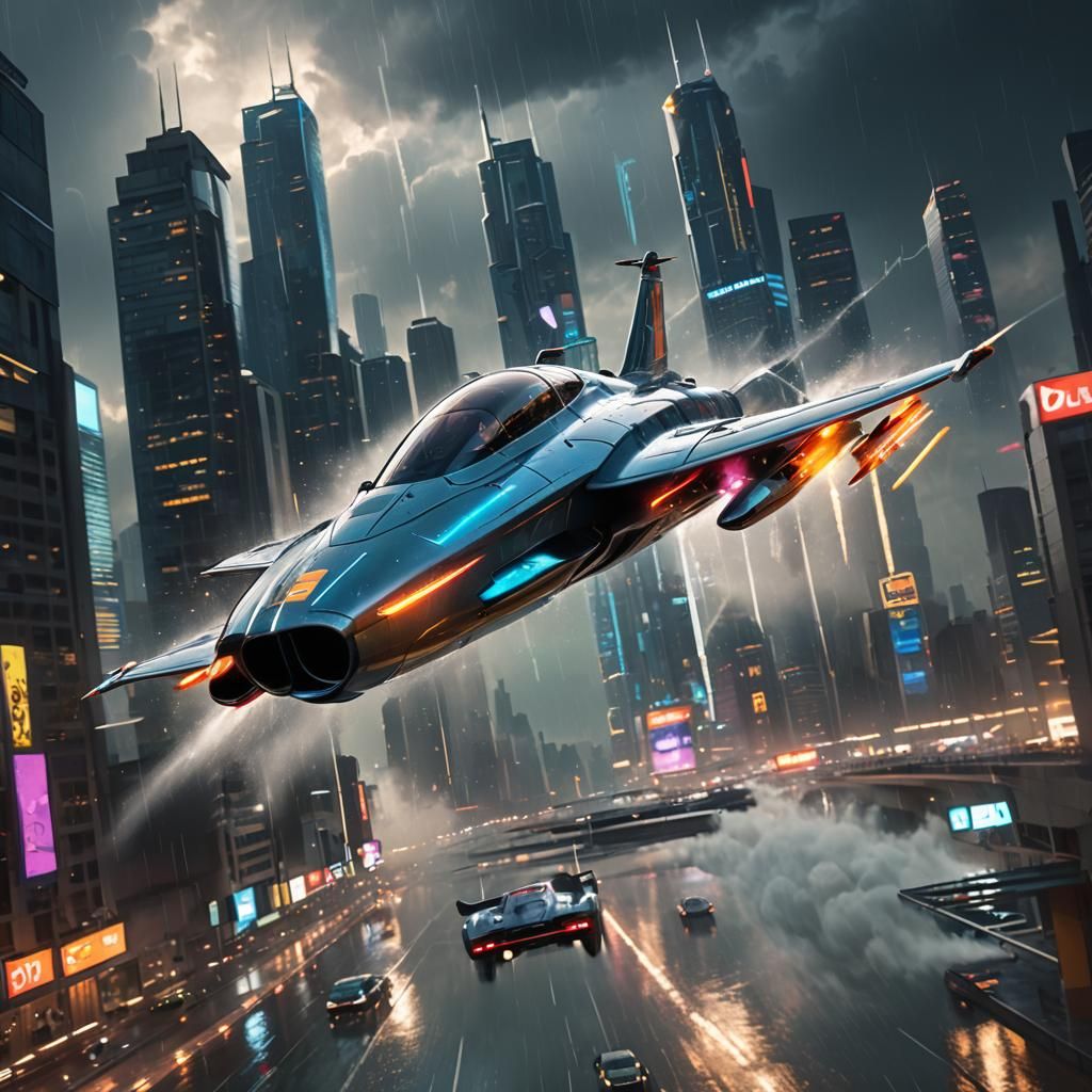 Futuristic Jet Races Through Neon Cityscape