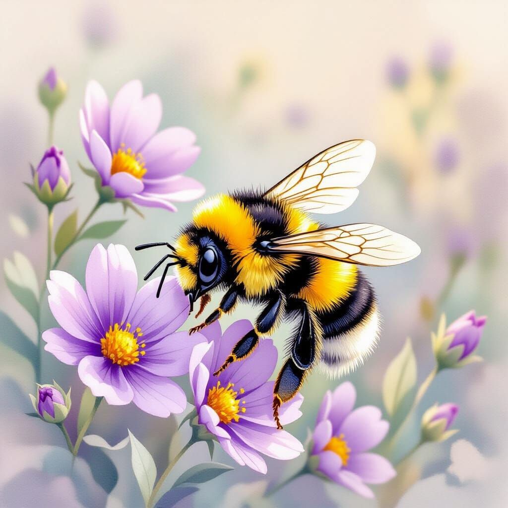 Sleepy Bee Amongst Flowers: Whimsical Illustration