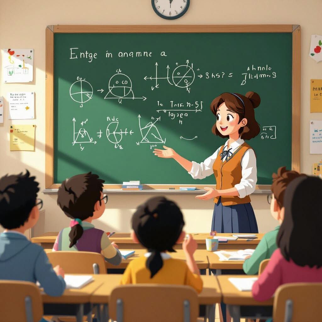 Teacher Explains Concept to Engaged Students in Warm Classro...