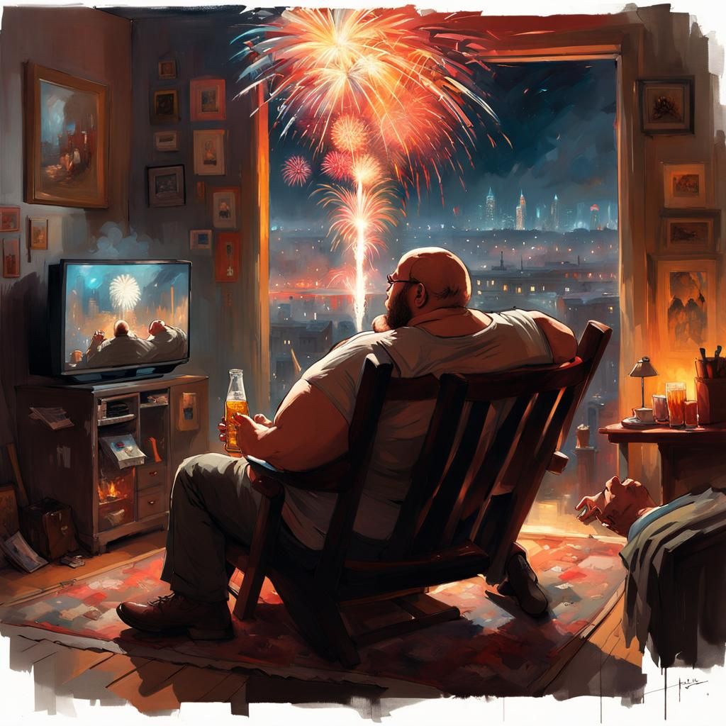 Man Watching Fireworks: Hyperrealistic Digital Illustration