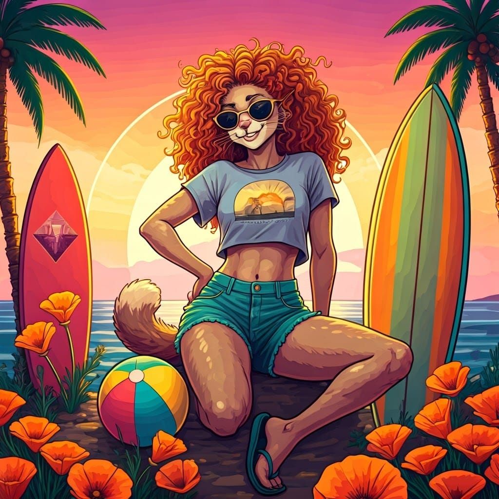 Cali'Cat Surfs California Dreams in Vibrant Sunset Scene