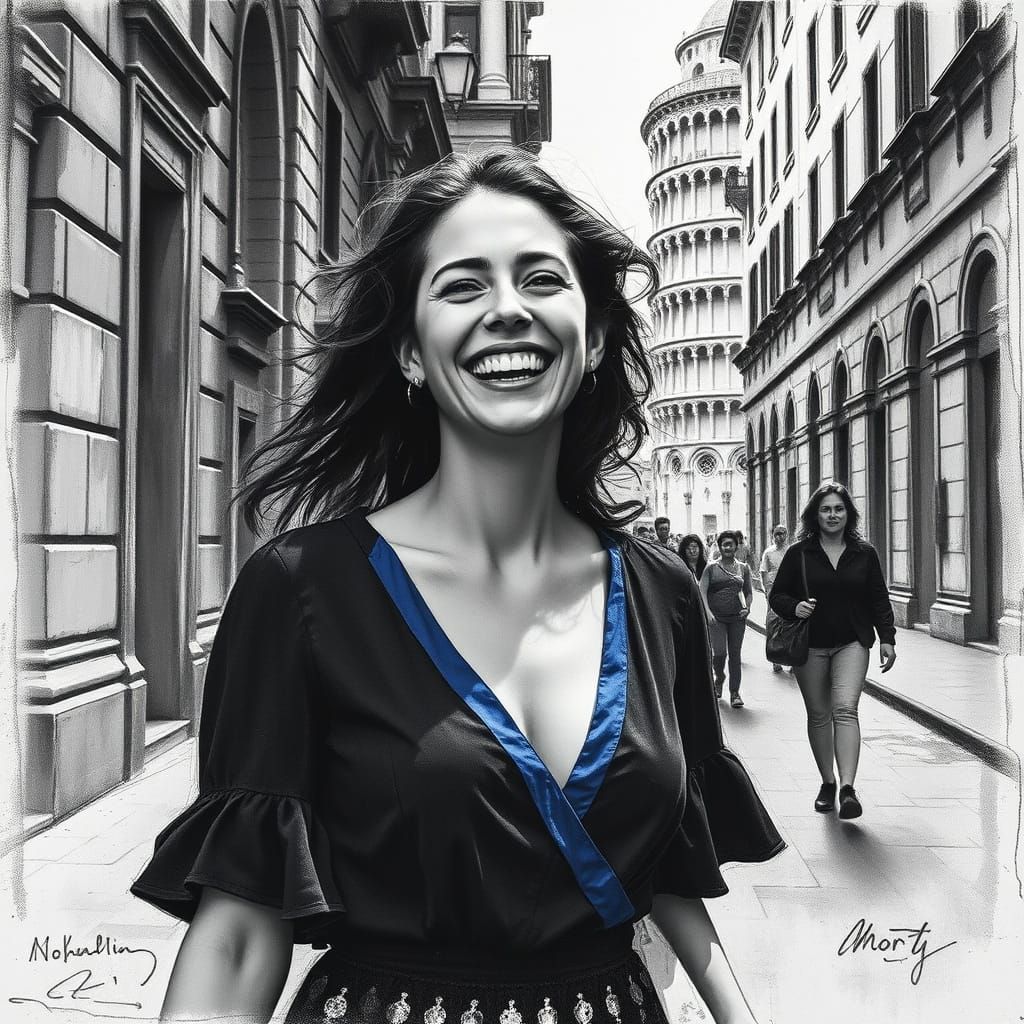 Radiant Woman in Black and Blue Dress in Pisa