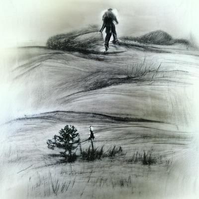 Lonely Hiker on Heath: Charcoal Sketch