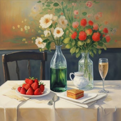 Impressionist Still Life with Strawberry, Champagne, and Sho...