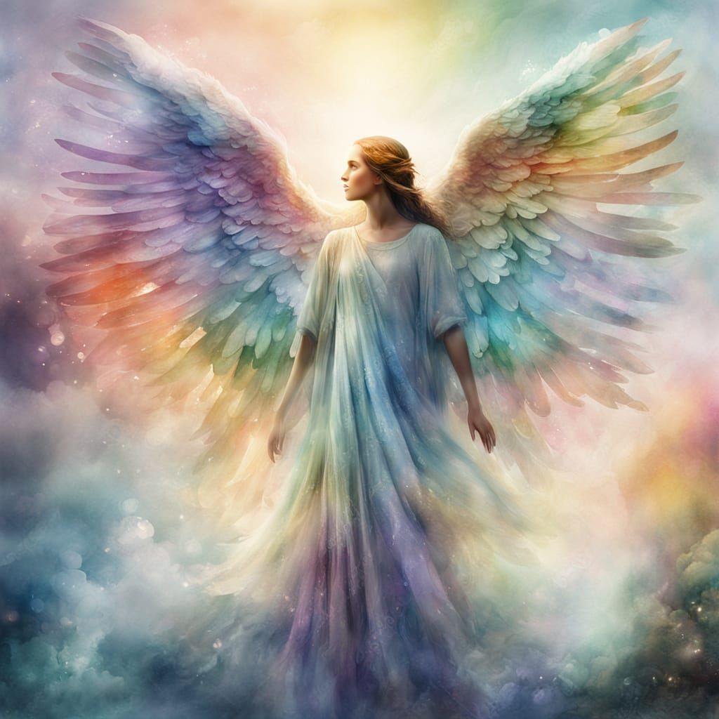 Surreal Angel with Watercolor Wings in Ethereal Landscape
