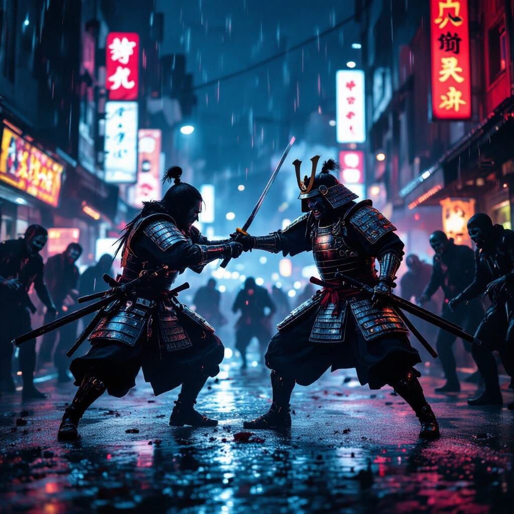 Samurai Battles Zombies in Neon City: Cinematic Film Still