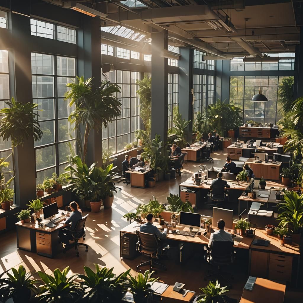 Photorealistic Office Interior with Golden Hour Light