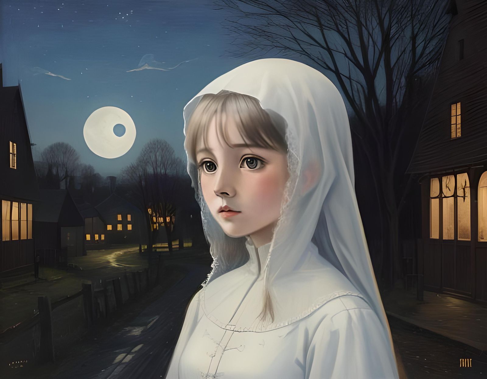 Ethereal Ghostly Apparition in Moonlit Village