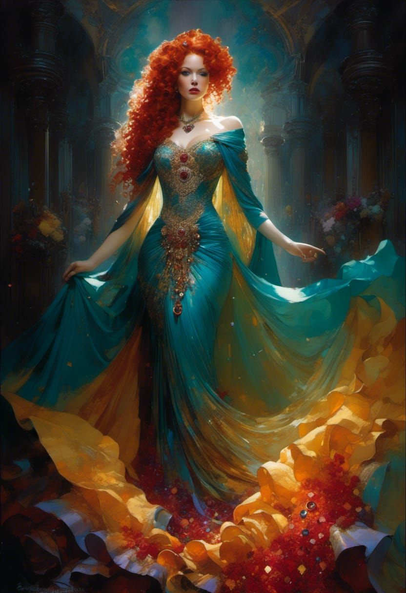 Queen with Red Hair and Rainbow Gems