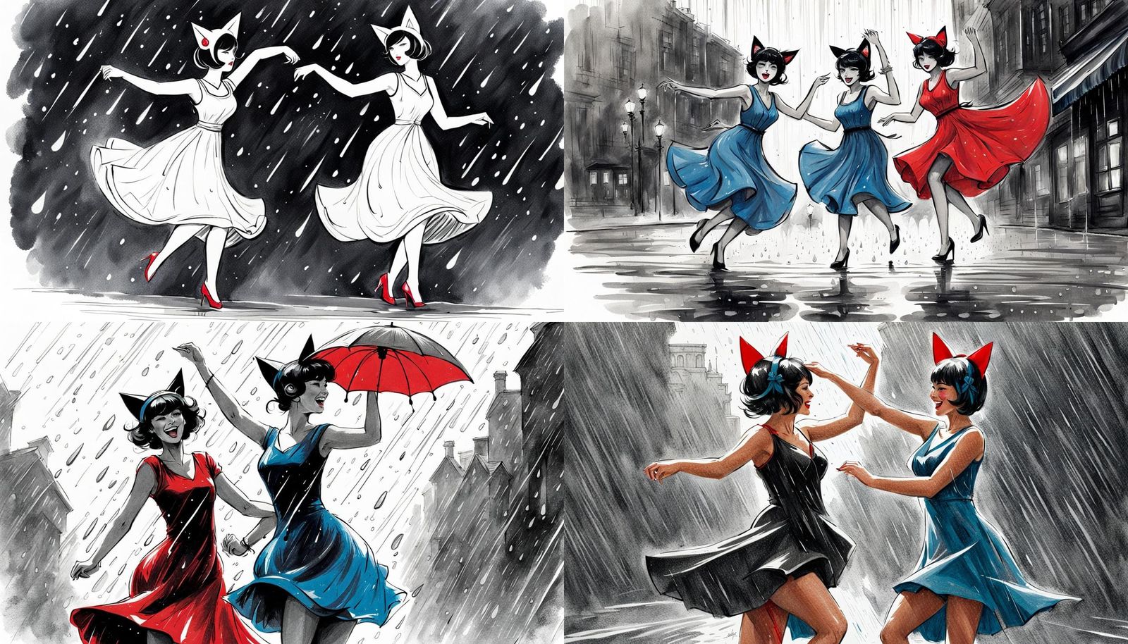 Women with Cat Ears Dancing in Rain Sketch