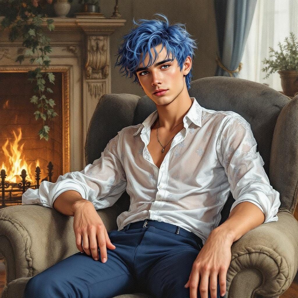 Blue-Haired Youth in Storybook Illustration Style