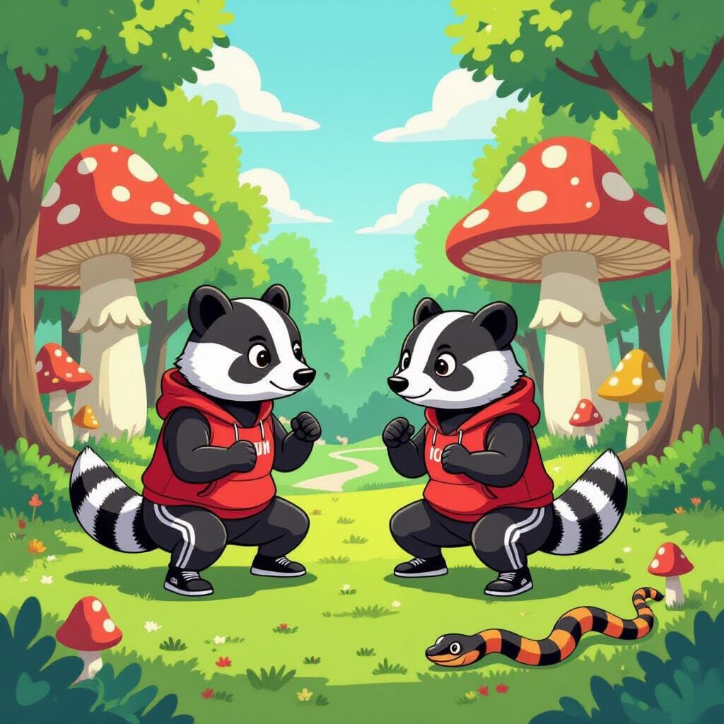 Badgers Doing Squats in a Cartoon Mushroom Park