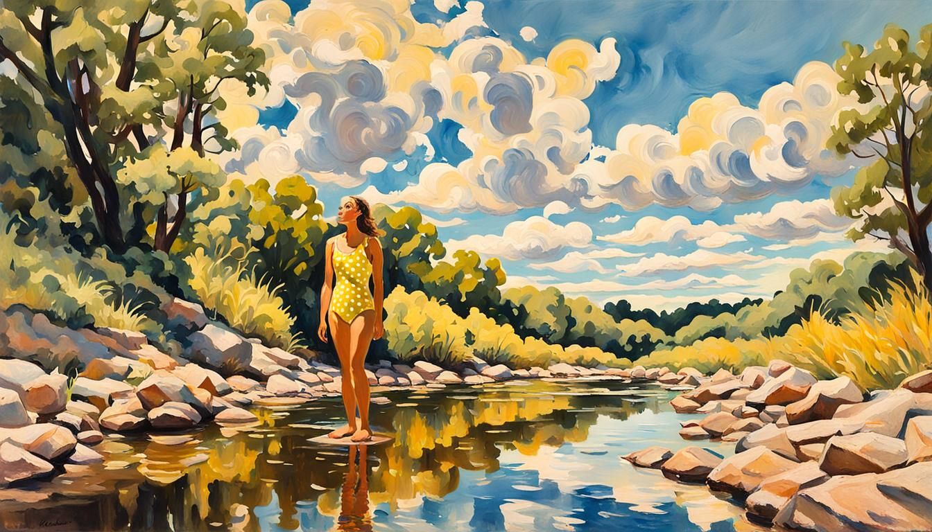 Girl in Creek Gazing at Clouds: An Impressionist Gouache Pai...