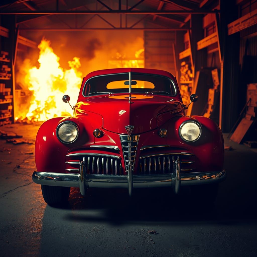 Evil Red Classic Car in Burning Warehouse Inferno