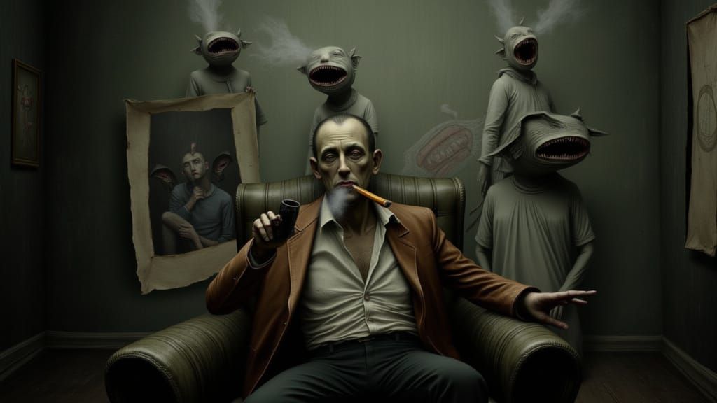 Surreal Dreamscape: Man Smoking Pipe Amidst Strange Creature...