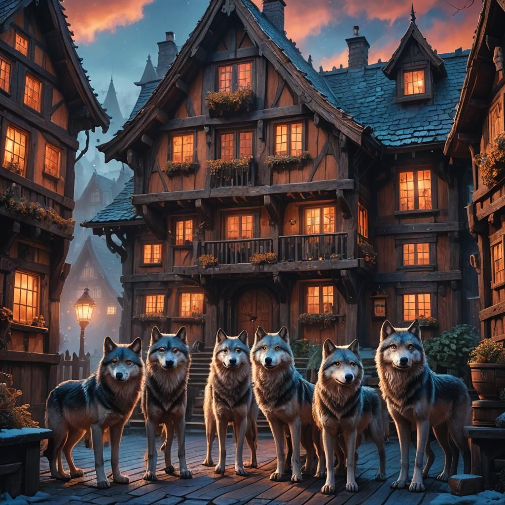 Wolves Guarding Enchanted Shop as Digital Matte Painting