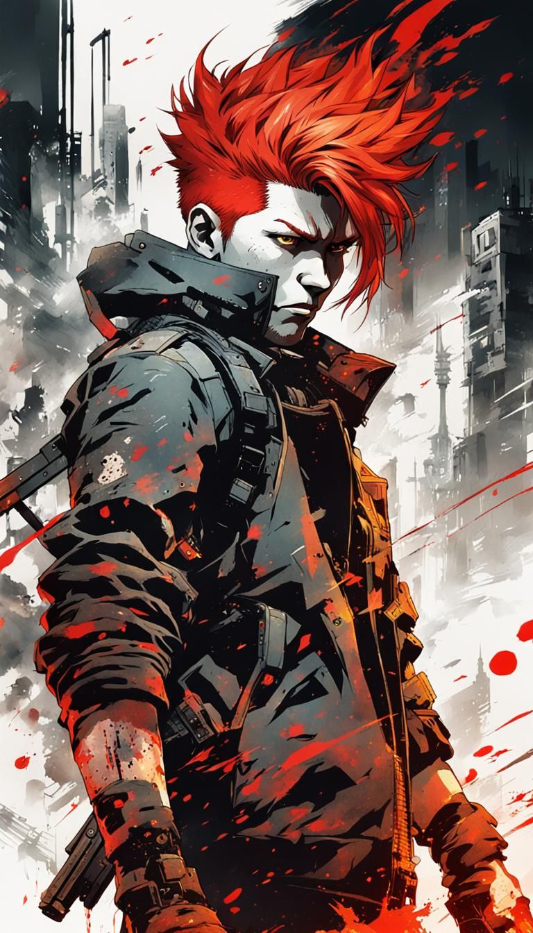 Fierce Anime Character with Fiery Hair in Cyberpunk Style