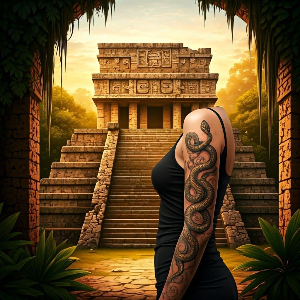 Woman with Snake Tattoo at Aztec Temple