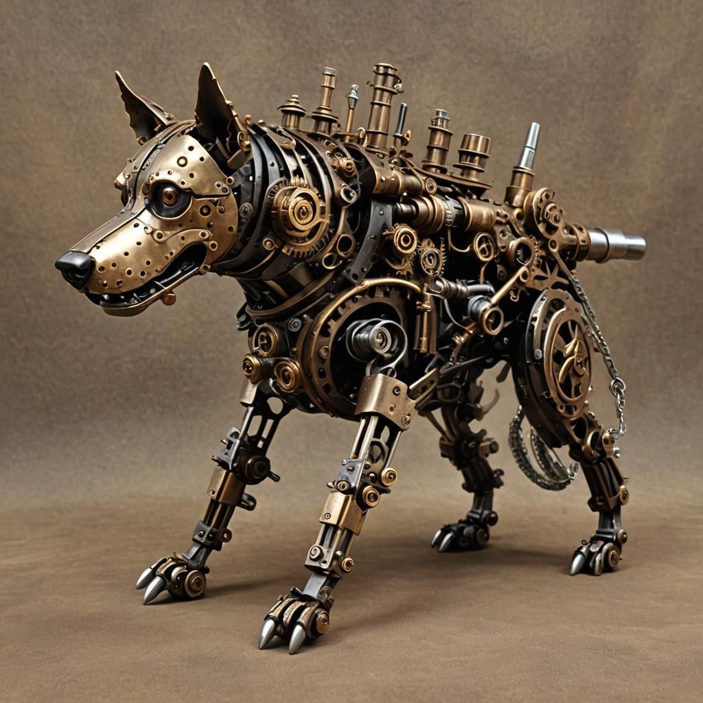 Steampunk Attack Dog Made of Gears and Springs