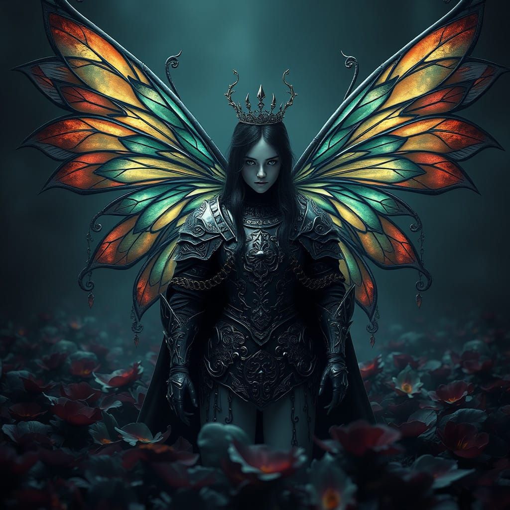 Gothic Knight Adorns Queen Fairy in Dark, Mystical Realm
