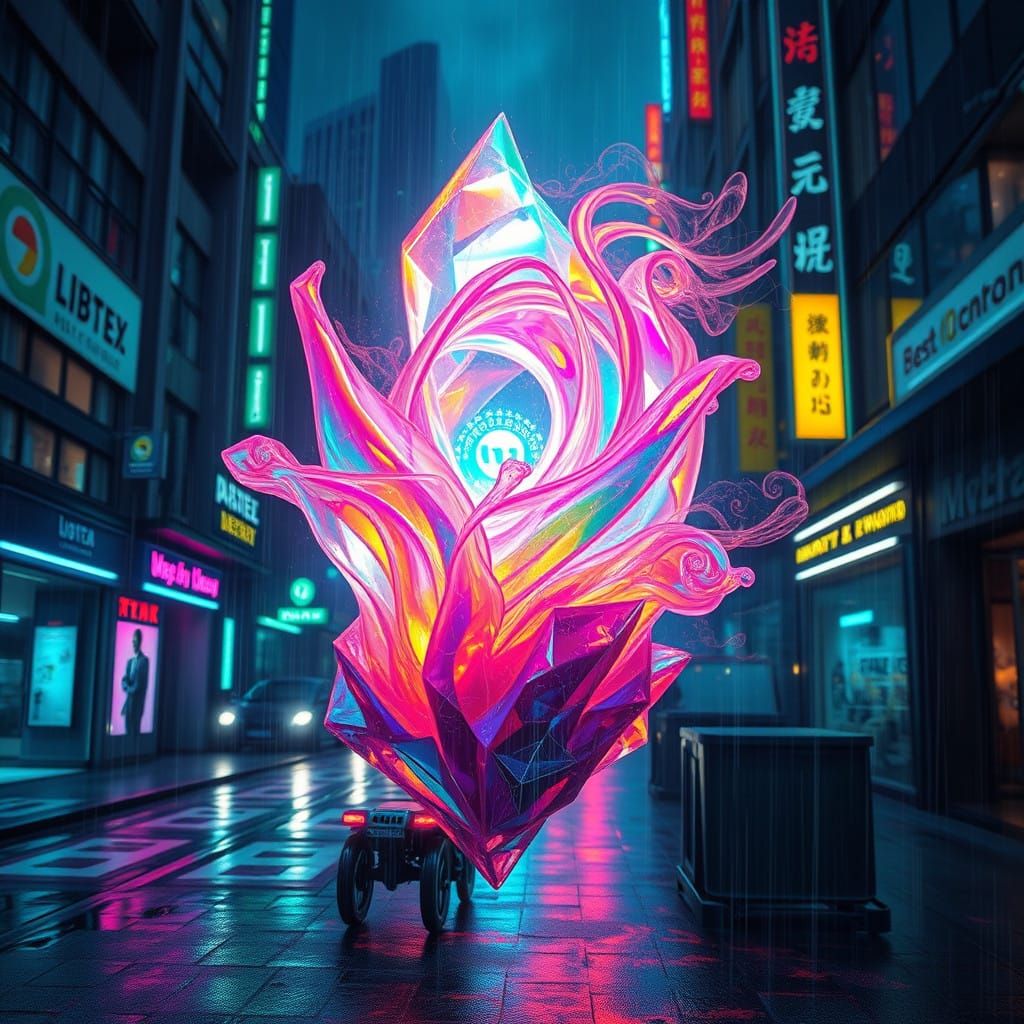 Magical Caleidoscope Blooms in Cyberpunk Cityscape