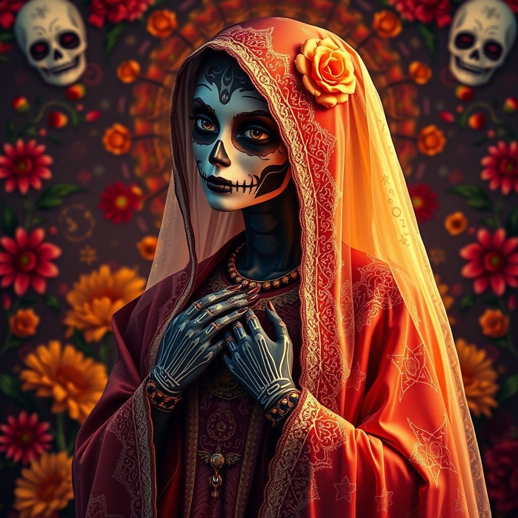 Santa Muerte in Vibrant Mexican-Inspired Setting, with Intri...