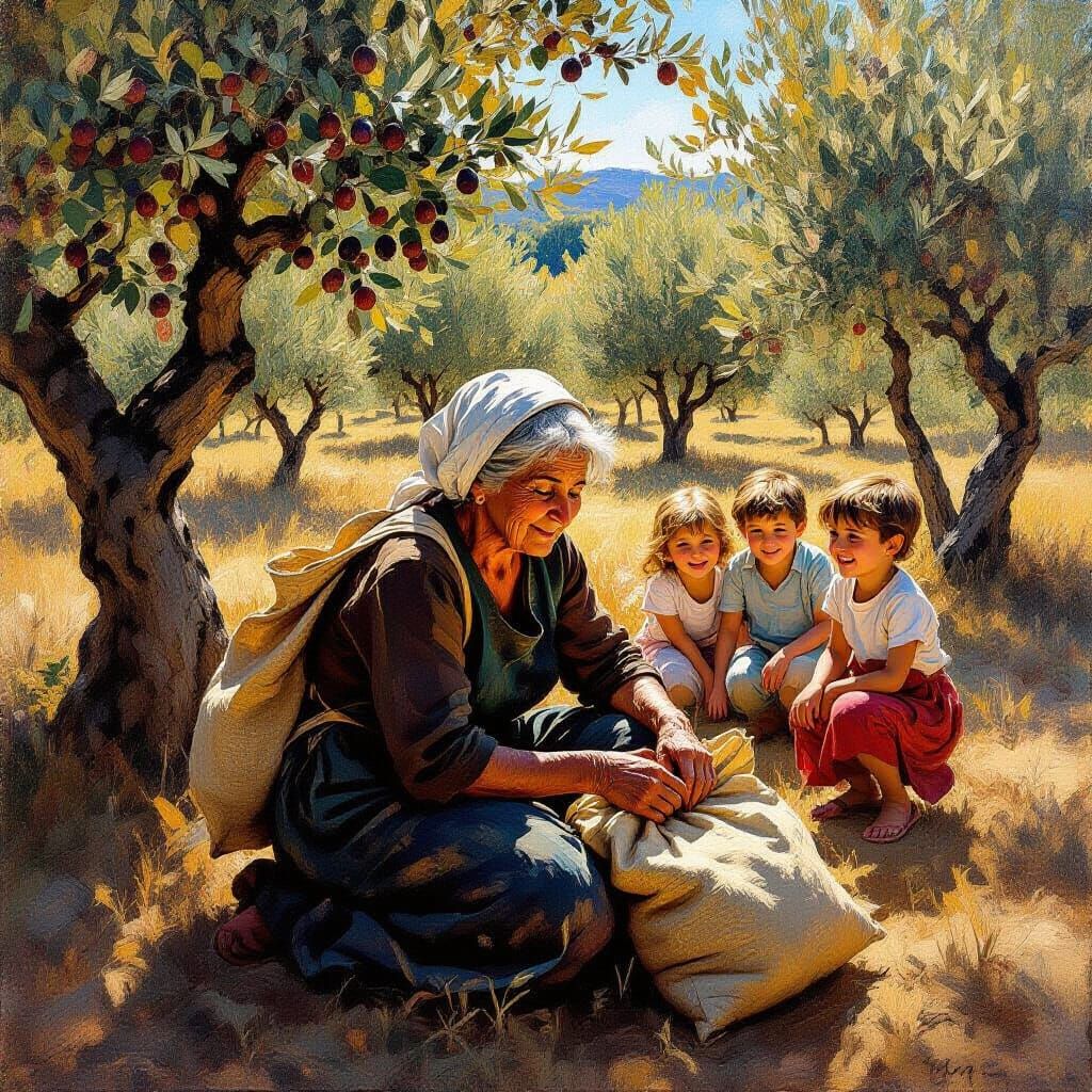 Elderly Woman in Olive Grove, Baroque Expressionist Style