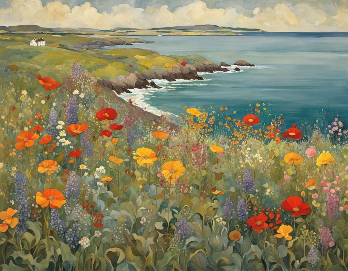 Abstract Wildflowers by Sea in Klimt & Schiele Style