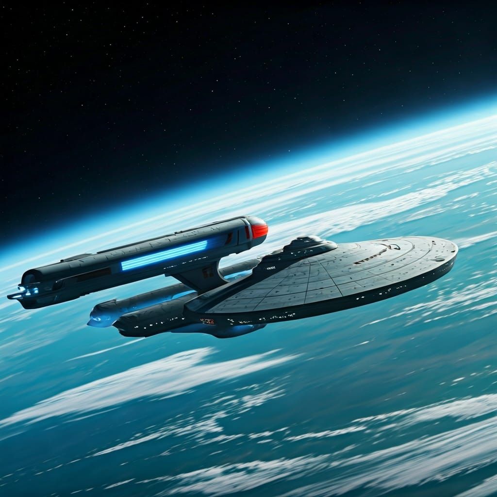 Starfleet Vessel Orbiting Ocean Planet in Cinematic Style