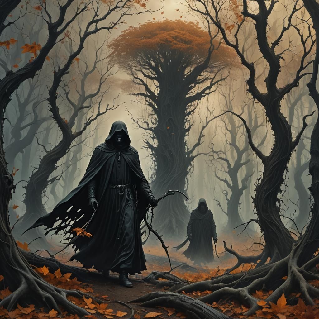 Grim Reaper in Dreamlike Forest, Dark Fantasy Art
